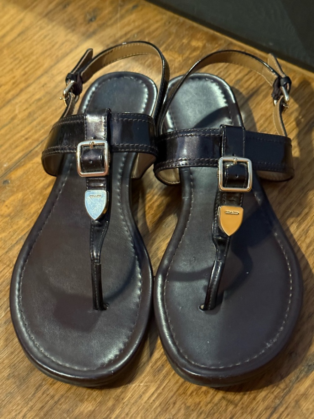 Coach Cassidy Dark Brown Leather T-Strap Sandals with Gold Tone Accents